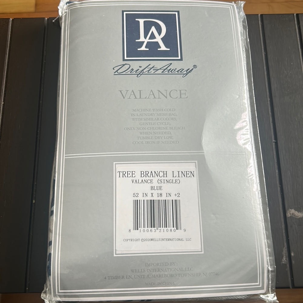 Never opened tree branch linen valance, blue and grey